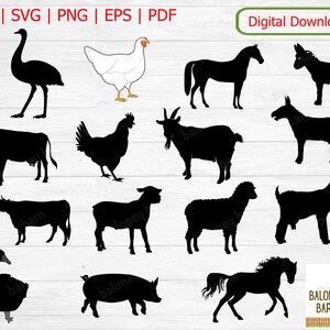 Clipart SVG di animali da fattoria, immagini di fattoria, cavallo maiale, immagine di gallina, sagoma di mucca, capra pecora asino, anatra scrofa, download immediato