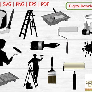 May include: A set of black and white silhouette images for painting and decorating. The set includes a paint roller, paint can, paint brush, ladder, and a person painting. The images are perfect for creating DIY projects, home decor, and crafts.