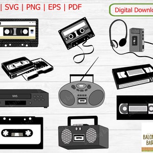 VHS Clipart, Kassette SVG, Kassettenrekorder, Walkman-Player, VHS-Kassette, Kassette Band, Ghettoblaster, VHS Player, VCR-Rechner, Sofort Download