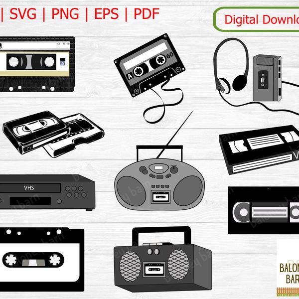 VHS Clipart, Cassette SVG, Cassette Player, Walkman Player, VHS Tape, Cassette Tape, Boom Box, Vhs Player, Vcr Machine, Instant Download