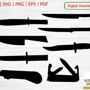 May include: A set of ten black silhouette knife designs, including a pocket knife, a utility knife, and a hunting knife. The designs are on a white woodgrain background. The text "BALONEY BARN" is in the bottom right corner of the image.