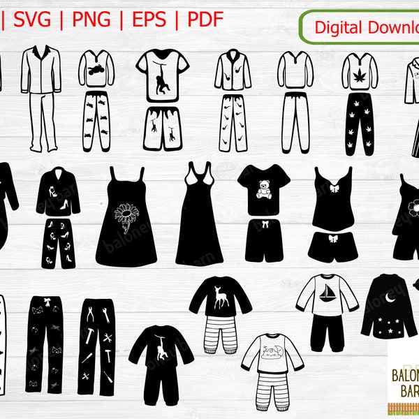 Pajamas Clipart, Pajama Silhouette, Comfy Pjs, Nightgown SVG, Men Pyjama, Women's Pj's, Boy Girls Jammies, Bedtime Pants, Digital Download