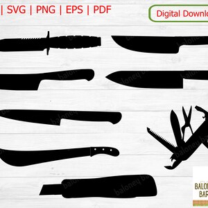 May include: A digital download of 10 black and white silhouette images of different types of knives, including a hunting knife, a chef's knife, a pocket knife, and a machete. The images are on a wood grain background. The text "Digital Download" is in a green rectangle at the top of the image. The text "BALONEY BARN" is in a red rectangle at the bottom of the image.