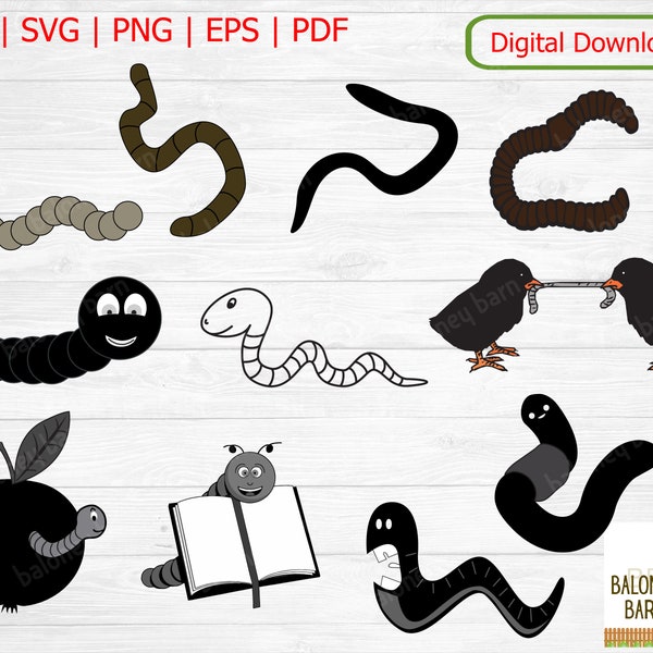 Worms Clipart, Worm SVG, Earthworm Silhouette, Book Worm, Apple Worm, Wiggly Worm, Fish Bait, Nightcrawler, Fishing Bait, Digital Download