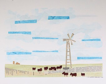 In the Pasture. Original art - Mixed media with collage elements on Strathmore Heavyweight Mixed Media paper.