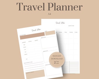May include: Printable travel planner with two pages. The first page has sections for destinations, expenses, places to see, places to eat, places to shop, and emergency contacts. The second page has a calendar with days of the week and a section for notes.