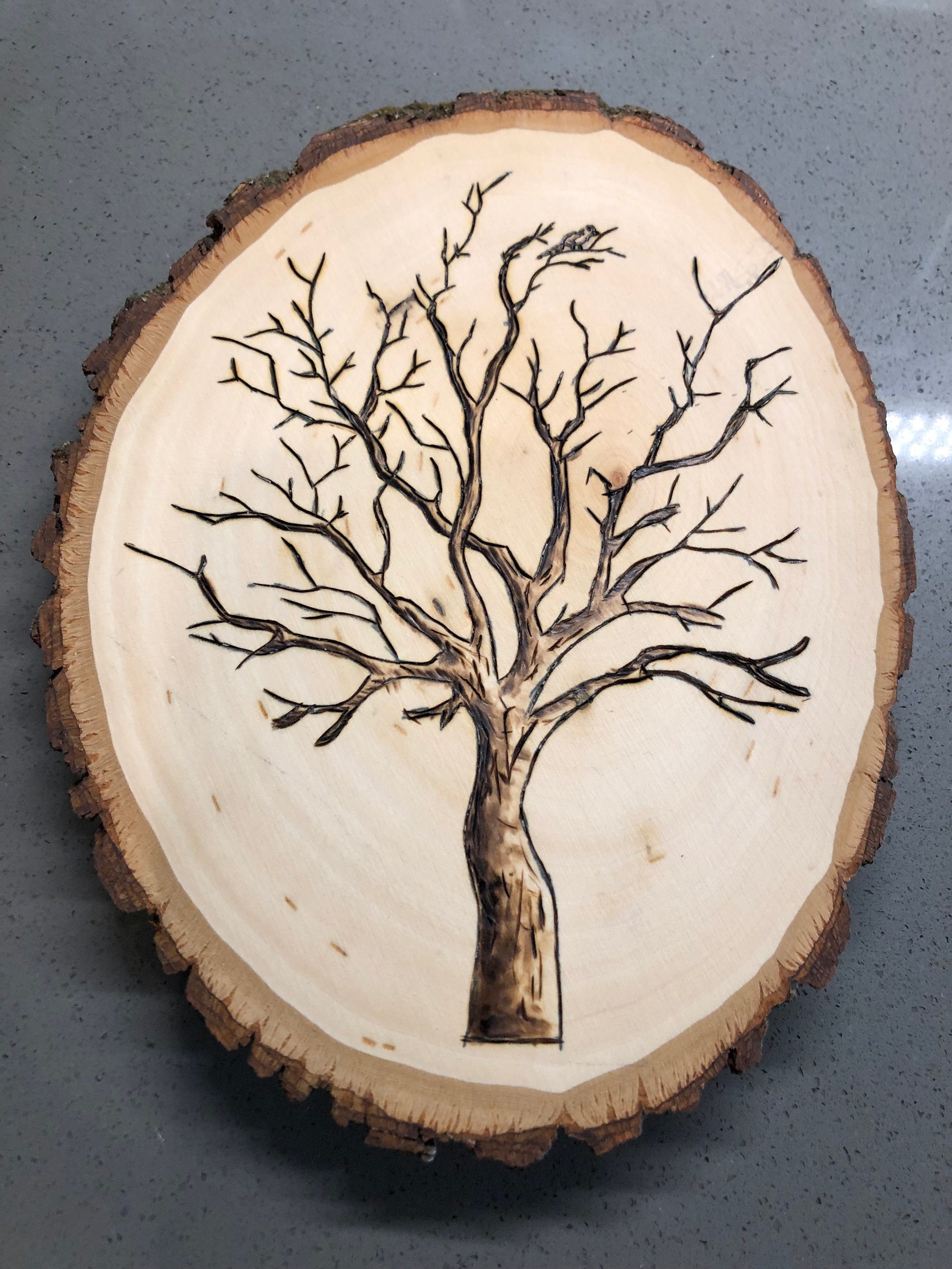 Wood Burned Tree on Piece of Timber 