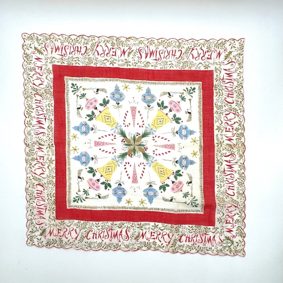Christmas Handkerchief, Vintage Holiday Hankie, C… - image 1