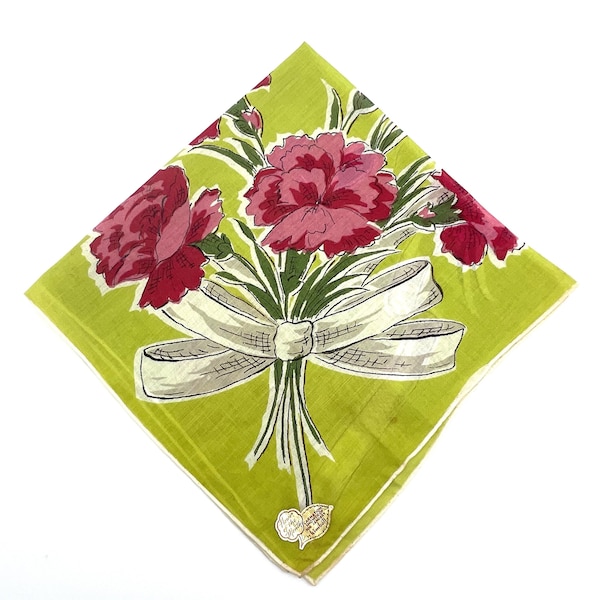 Pink Floral Handkerchief, Green Hankie, Carnation by Kimball, Flower of the Month Hankie