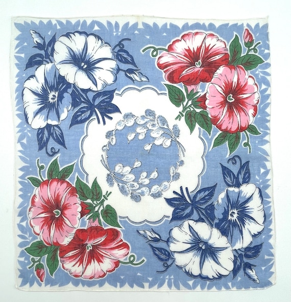 Vintage Floral Handkerchief, Ladies Hankie, Red Wh