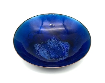 Mid Century Modern Enamel Bowl, Cobalt Blue & Metallic Trinket Dish, MCM Home Decor, Enamel on Copper