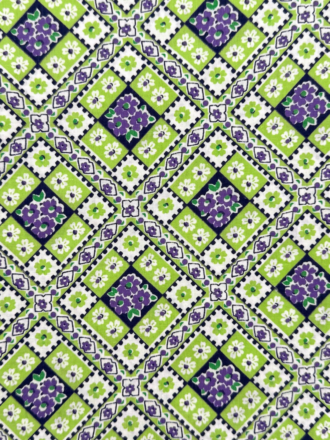 Feed Sack Fabric, Geometric Diamond Pattern, Lime Green and Purple ...