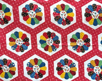 Calico Tablecloth, Patchwork, Cheater Quilt, Grandmother's Garden, Medium Weight Cotton, Handmade Rectangle Tablecloth