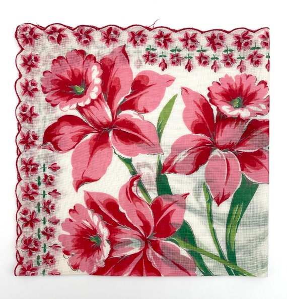 Pink Flower Handkerchief,  Pink and Red Daffodils… - image 2