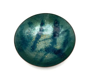 Mid Century Modern Enamel Bowl, Teal Green and Gold Trinket Dish, MCM Home Decor, Enamel on Copper