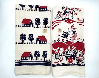 Linen Tea Towels, Red and Blue Colors, Houses, Bunny Rabbits, Choice of Design, Vintage Linens