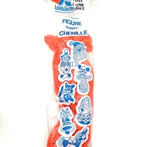 May include: Orange chenille craft material in a clear plastic bag with blue and white figure stickers. The bag is labeled "Figure 'Bumpy' Chenille" and "Leewards Creative Crafts Center."