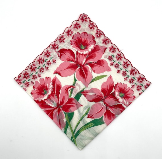 Pink Flower Handkerchief,  Pink and Red Daffodils… - image 1