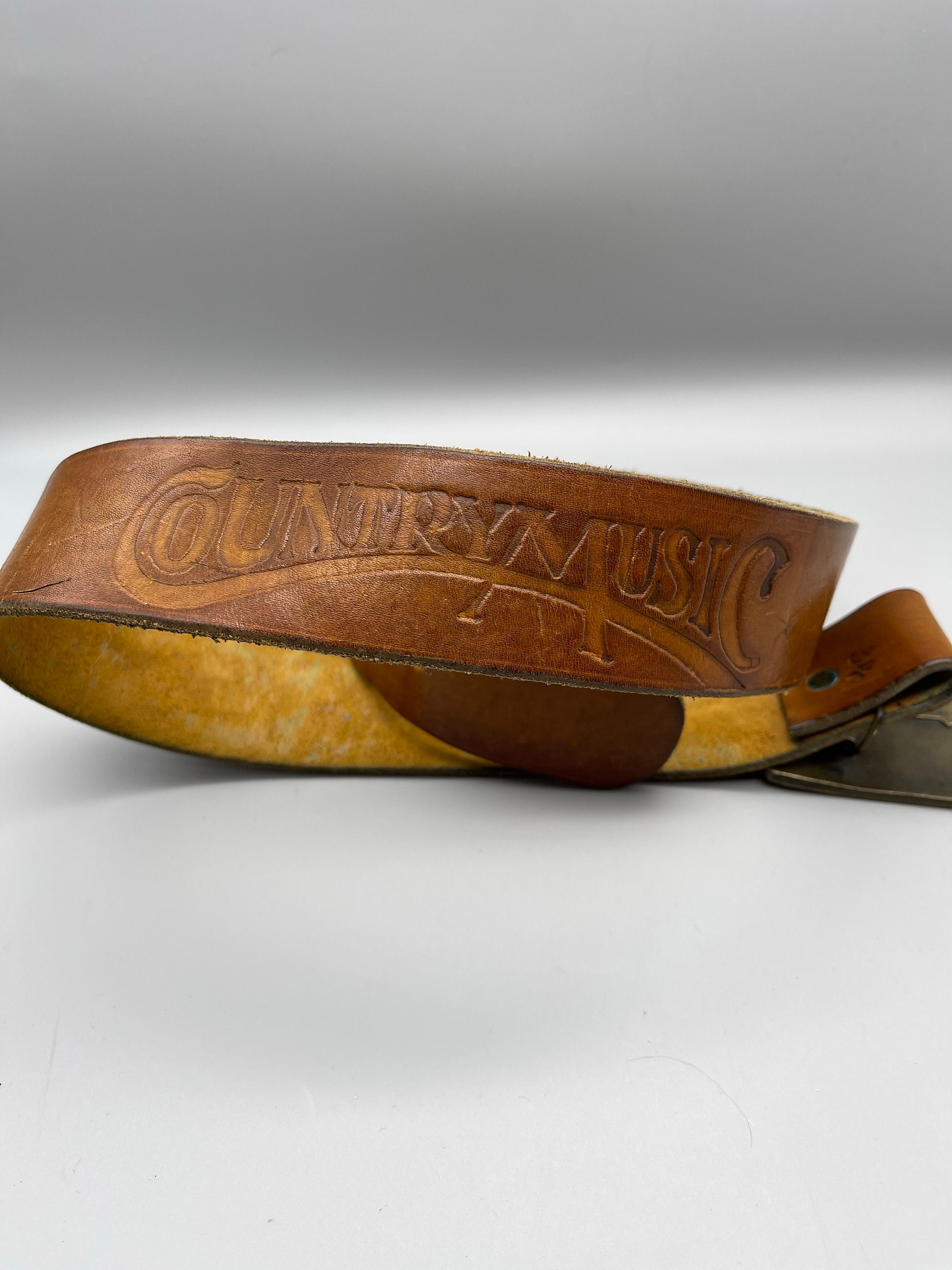 Vintage Tooled Leather Belt With Brass Neptune Meter Co. New York Buckle Size 34 Wide Black Leather Belt With Brass Abstract Buckle Size 34  main image 2