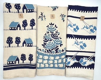 Linen Tea Towel, Blue Colors, Scottie Dogs, Houses, Flowers, Choice of Design, Vintage Linens