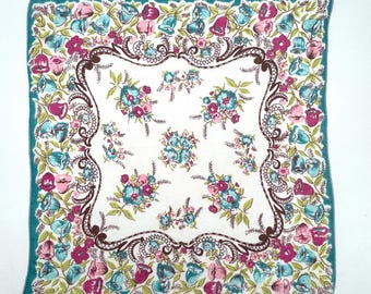Ladies Handkerchief, Teal and Pink Floral Design, Vintage Cotton Hankie