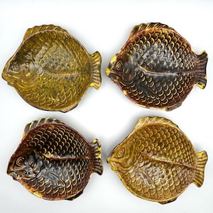 Fish Plates, Holland Mold, Vintage Brown Glazed Ceramic Dishes, Set of 4, Kitschy Fishes,