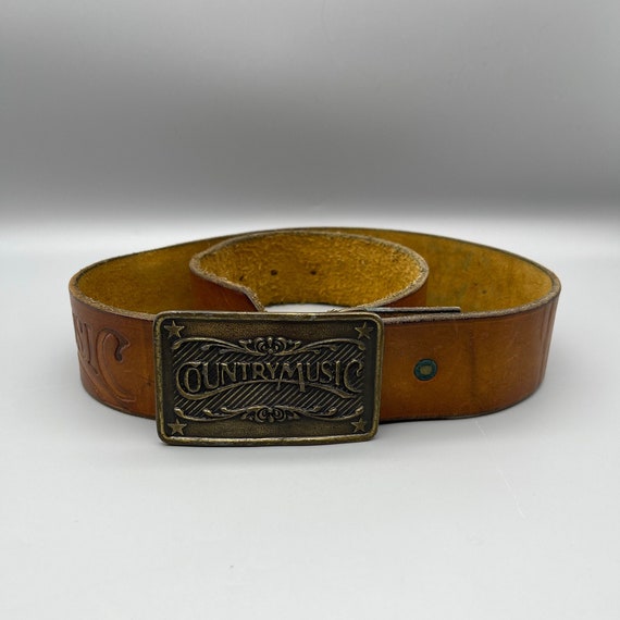 Vintage Tooled Leather Belt With Brass Neptune Meter Co. New York Buckle Size 34 Vintage Country Music Belt, Tooled Leather, Brass Buckle  main image 4