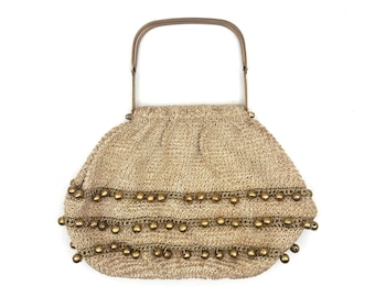 Beaded Handbag, Mid Century Modern Crocheted Bag, Vintage Gold Bead Trim, Hinged Gold Metal Handles