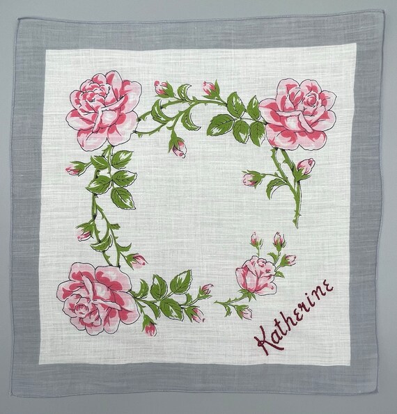 Ladies Handkerchief, Pink Roses, Katherine Name Ha