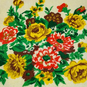 Vintage Floral Bath Towel, Orange, Yellow Brown Flowers, Unknown Maker, Retro Linens