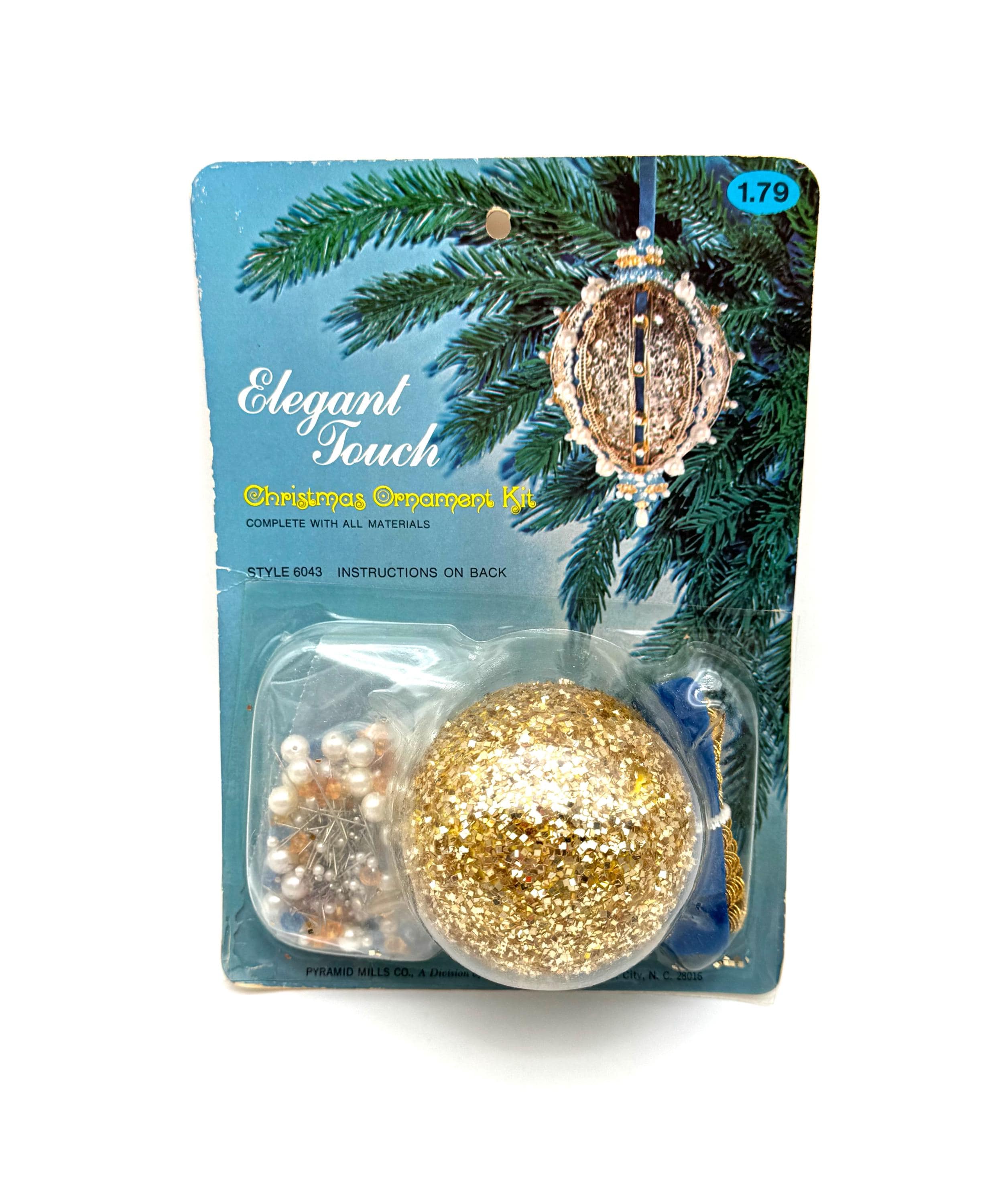 Push Pin Ornament Kit, Gold Glitter Ball, Blue Velvet Ribbon, Rauch…