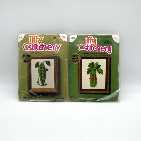 Crewel Kit, Jiffy Stitchery, Crewel Kits, Vintage Needlework Kits, Peas and Celery, Vegetables, Two Kits