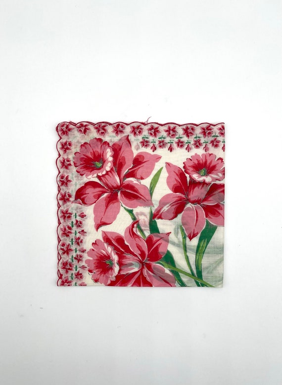 Pink Flower Handkerchief,  Pink and Red Daffodils… - image 3