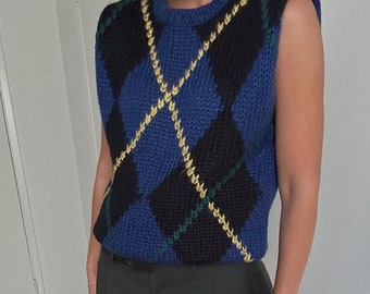 Gilet en tricot bleu vintage à motifs de losanges | Tendance | Plaid à carreaux géométrique | Minimaliste | Années 80 - Années 90