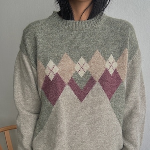 Gorgeous Vintage Knit Tan Neutral Wool Sweater with Argyle Detail | 100% Pure Wool | 1990s