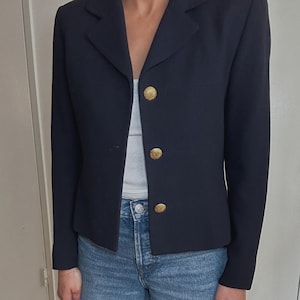 Vintage 1990s Cropped Blazer with Gold Buttons in Navy Blue |  100% Pure New Wool | Made in USA | Minimalist Style