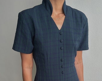 Robe longue à carreaux vintage des années 1980 en Bleu Marine et Vert | Tissu super doux et léger | Style minimaliste