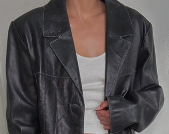 Vintage Leder Blazer Jacke 100% Leder, Schwarz mit Kontrastnähten | 1990er Jahre-Y2k | Weiches Leder | Minimaler Stil