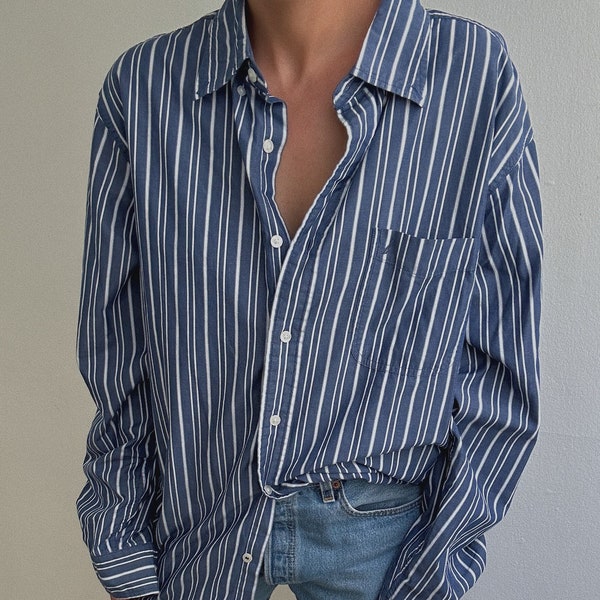 Vintage 90s Navy Blue and White Striped Oversized Boyfriend Button Up Shirt | On Trend | Minimalist