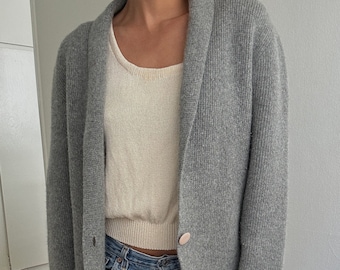 Gorgeous Vintage Knit Light Gray Angora Lambswool Blend Cardigan Sweater | Wool Angora Blend Super Soft | 1990s