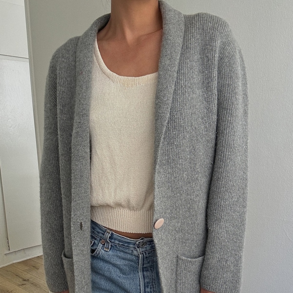 Gorgeous Vintage Knit Light Gray Angora Lambswool Blend Cardigan Sweater | Wool Angora Blend Super Soft | 1990s