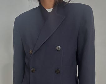 Vintage Navy Blue Collarless Blazer Double Breasted | Made in USA | lightweight | Pure Wool | Minimal Style | 90s Blazer
