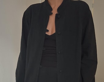 Vintage 90s Linen Black Jacket with Toggle Closures and Mock Neck | Lightweight Minimal Style