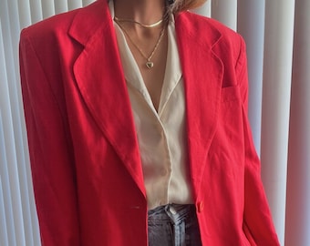Vintage 90s Coral Red Linen Blend Blazer  | Super Soft  | Minimal Everyday  |  On Trend | 1990s - 1980s