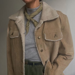 Vintage 90s Sand Neutral Shearling Jacket | 100% Leather | Minimal Everyday | Soft Great Quality Leather | 1990s - 1980s