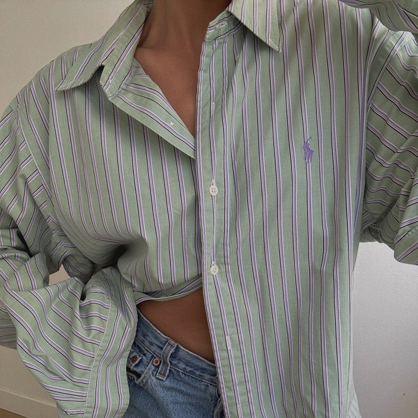 Vintage 90s Ralph Lauren Mint Green and Lavender Striped Crisp Oversized Boyfriend Button Up Shirt | On Trend | Minimalist