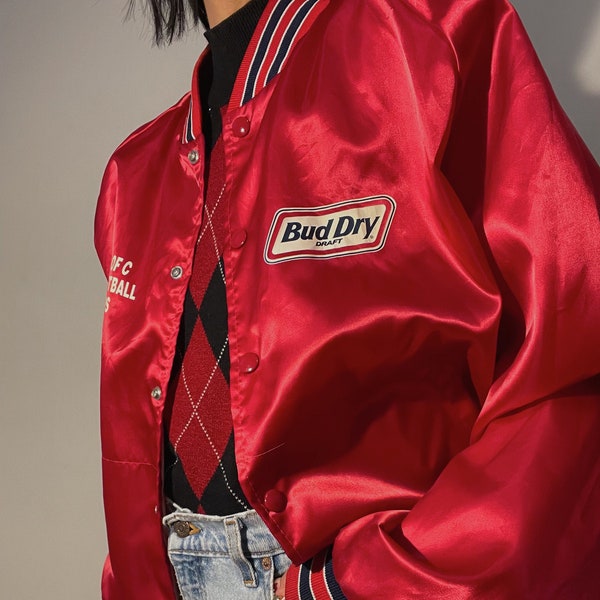 Vintage Bud Dry Draft Bomber Jacket in Satin Red | Made in USA | 1990s | Minimal Everyday | Soft Great Quality