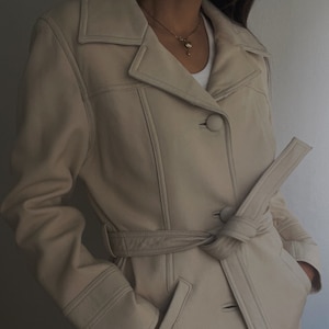 Beautiful Vintage Cream Belted Leather Blazer Trench Jacket 100% Leather | 1990s | Buttery Soft Leather | Minimal Style