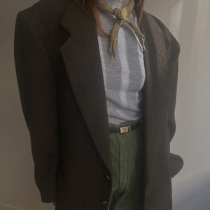 1980s Vintage Classic Woven dark brown and Black Woven Wool Boyfriend Blazer | Made in USA | 100% Wool | Minimal Style