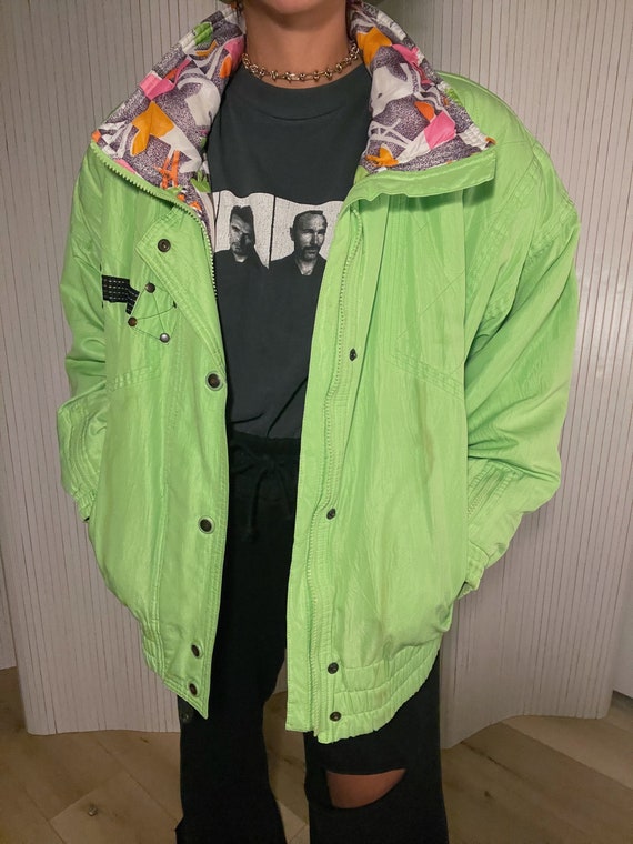 Vintage Retro Ski Jacket in Neon Green With Neon … - image 3